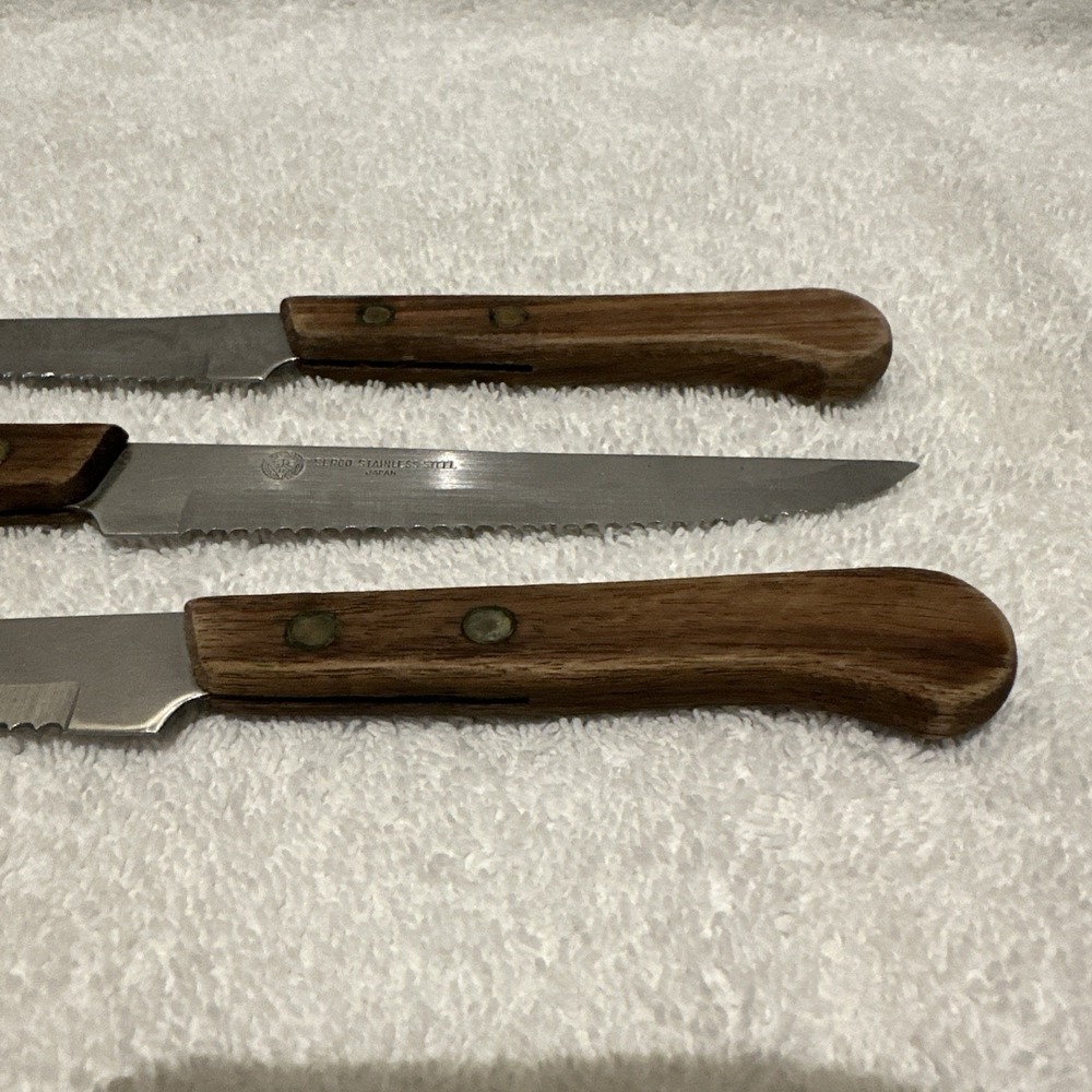 SERCO Japan Stainless Steak Knife Serrated 4.5" Blade Wood Handle (Set Of 3) - Picture 3 of 4
